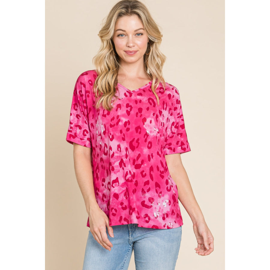 BOMBOM Leopard V-Neck Short Sleeve T-Shirt Apparel and Accessories