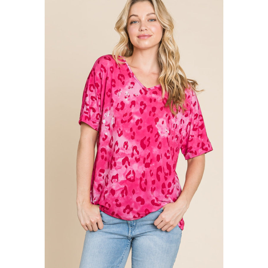 BOMBOM Leopard V-Neck Short Sleeve T-Shirt Apparel and Accessories