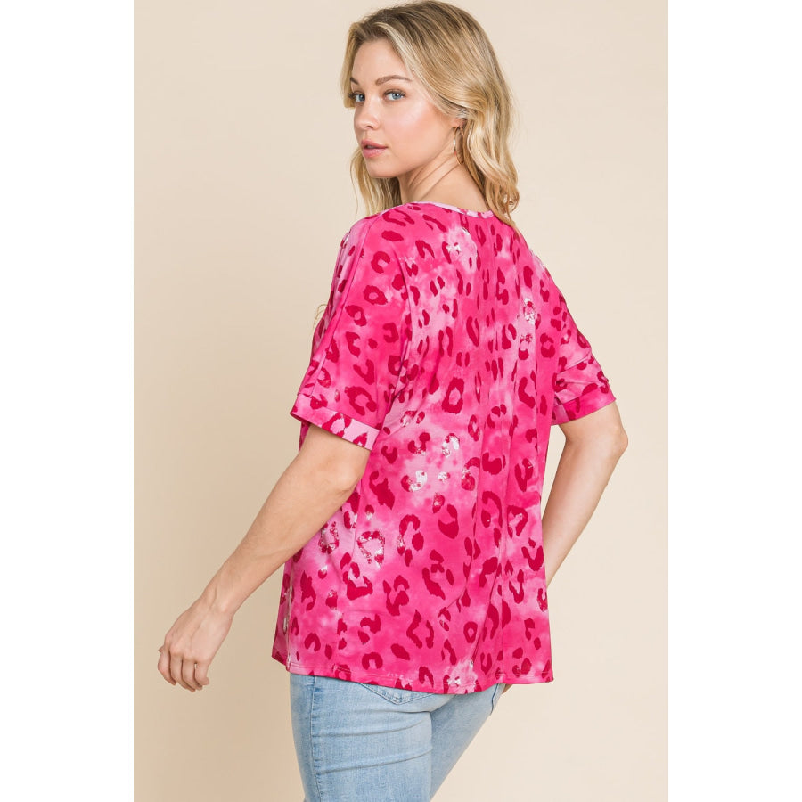 BOMBOM Leopard V-Neck Short Sleeve T-Shirt Fuchsia / S Apparel and Accessories