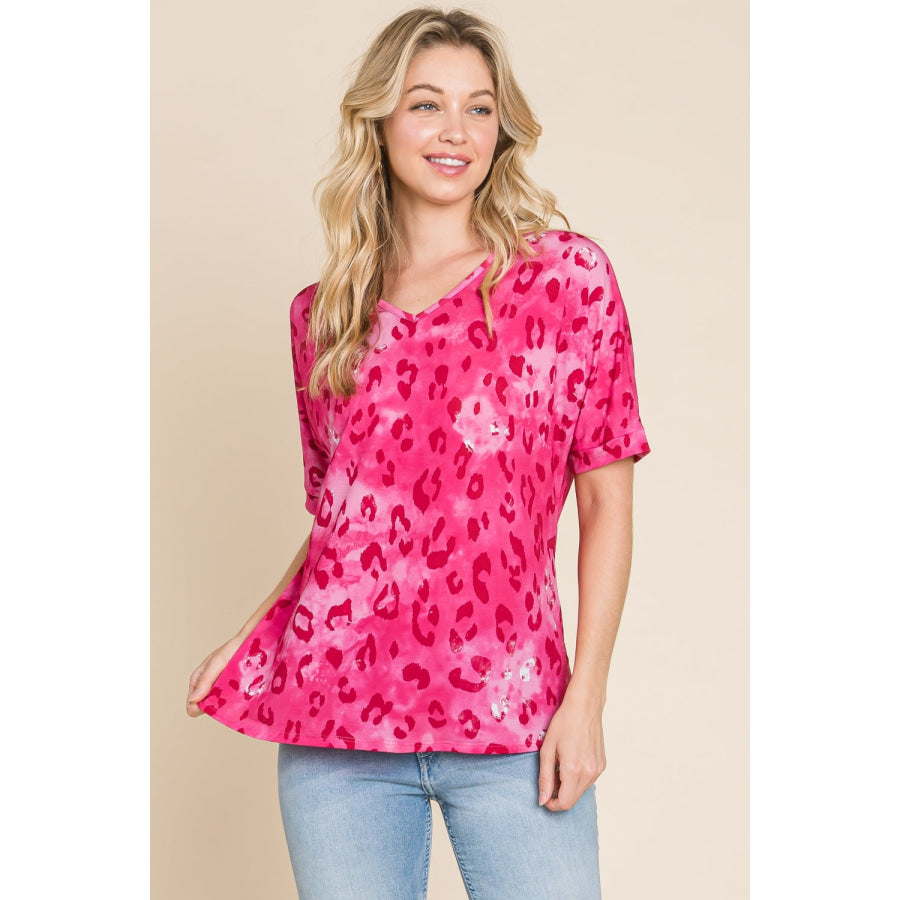 BOMBOM Leopard V-Neck Short Sleeve T-Shirt Apparel and Accessories