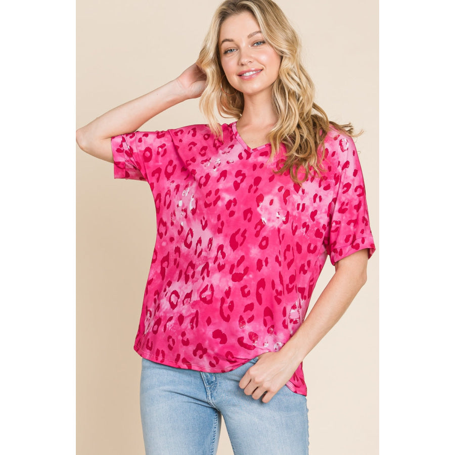 BOMBOM Leopard V-Neck Short Sleeve T-Shirt Fuchsia / S Apparel and Accessories