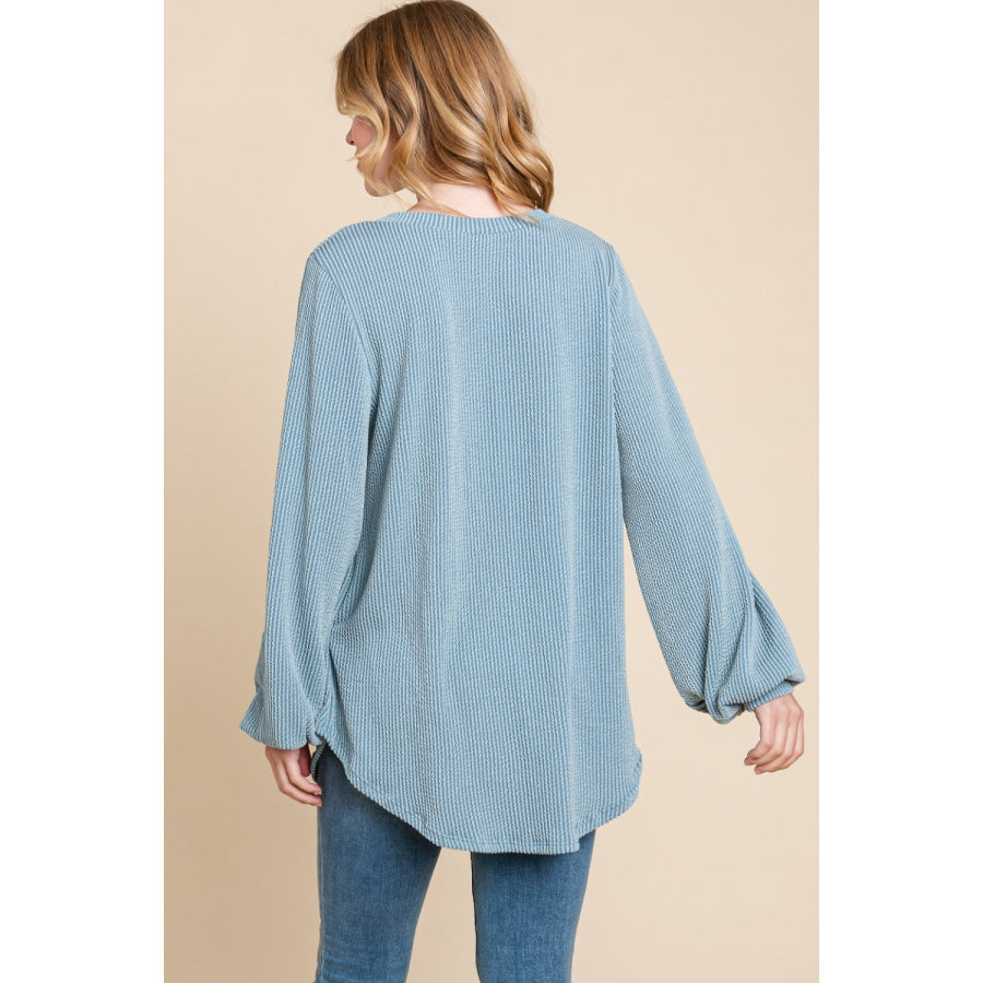 BOMBOM Long Sleeve Curved Hem Ribbed T-Shirt Apparel and Accessories