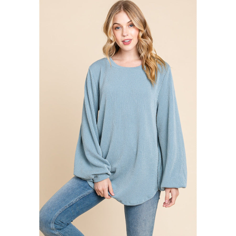 BOMBOM Long Sleeve Curved Hem Ribbed T-Shirt Apparel and Accessories