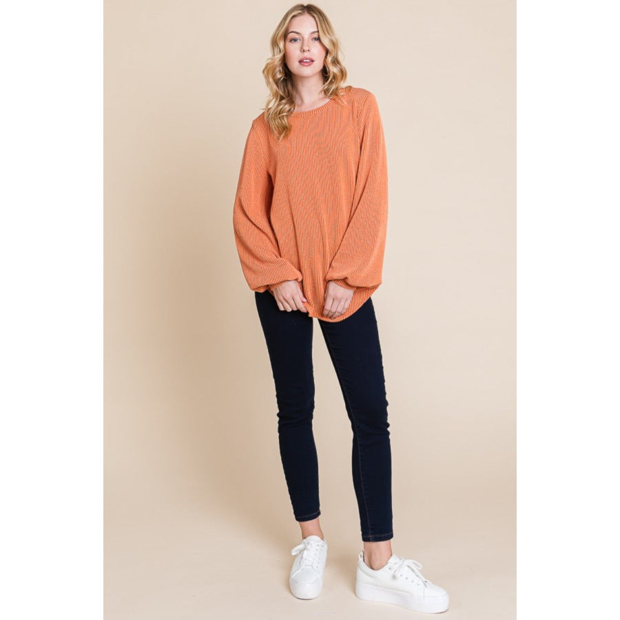 BOMBOM Long Sleeve Curved Hem Ribbed T-Shirt Apparel and Accessories