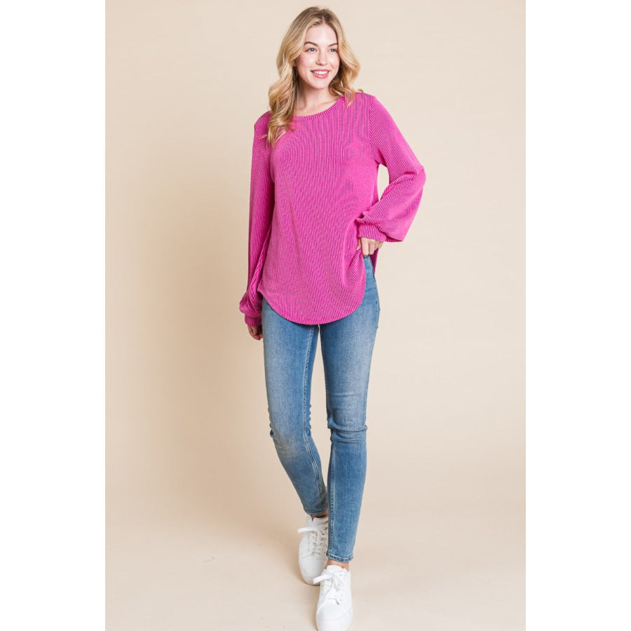 BOMBOM Long Sleeve Curved Hem Ribbed T-Shirt Apparel and Accessories