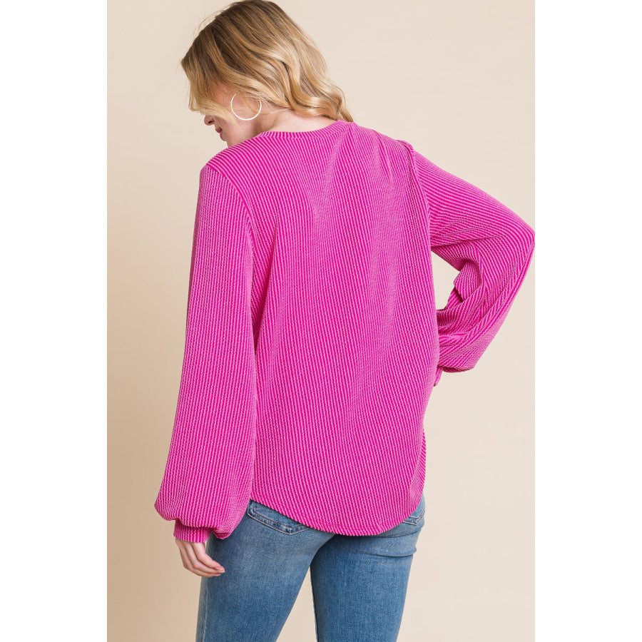 BOMBOM Long Sleeve Curved Hem Ribbed T-Shirt Fuchsia / S Apparel and Accessories