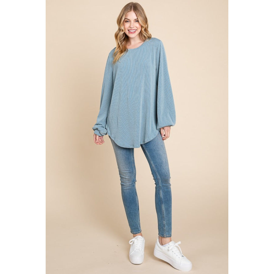 BOMBOM Long Sleeve Curved Hem Ribbed T-Shirt Apparel and Accessories