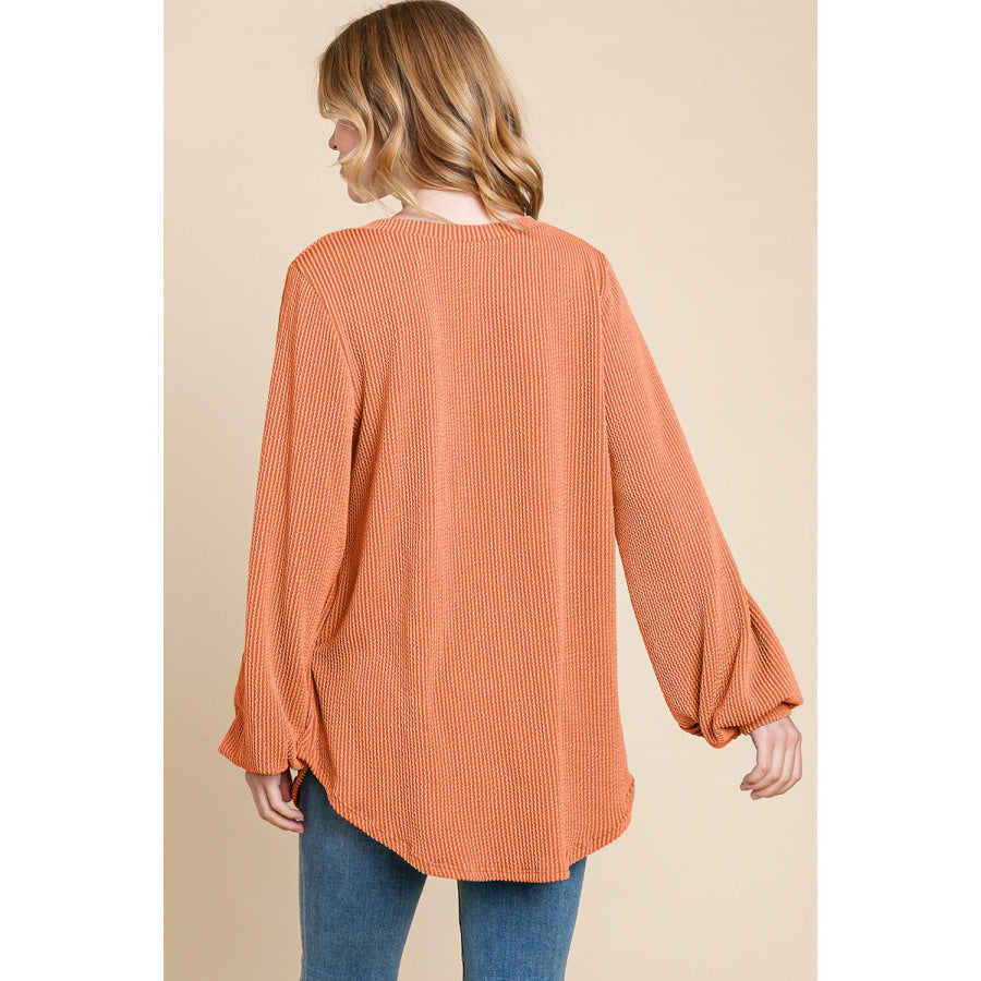 BOMBOM Long Sleeve Curved Hem Ribbed T-Shirt Apparel and Accessories