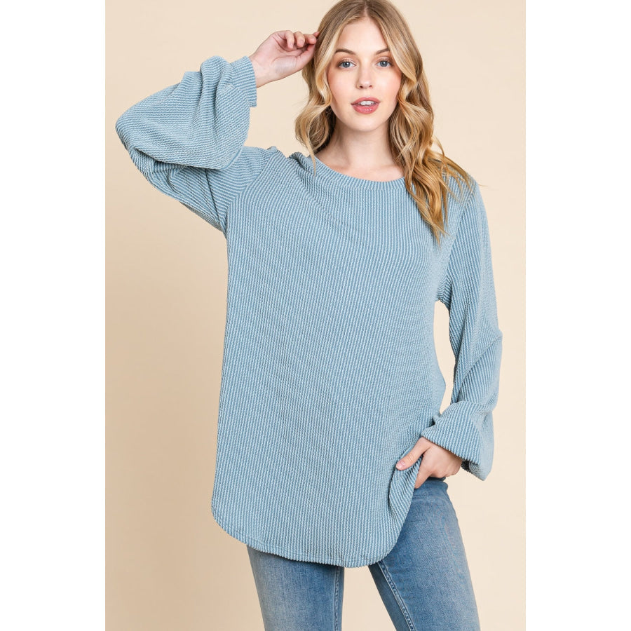 BOMBOM Long Sleeve Curved Hem Ribbed T-Shirt Denim / S Apparel and Accessories