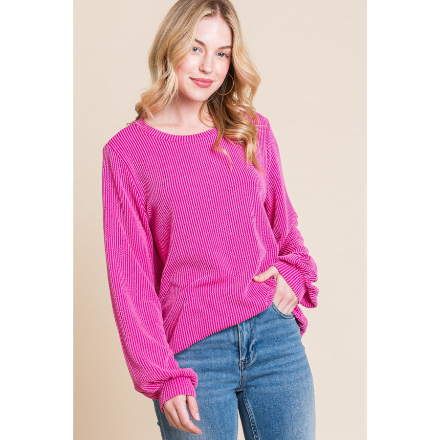 BOMBOM Long Sleeve Curved Hem Ribbed T-Shirt Fuchsia / S Apparel and Accessories