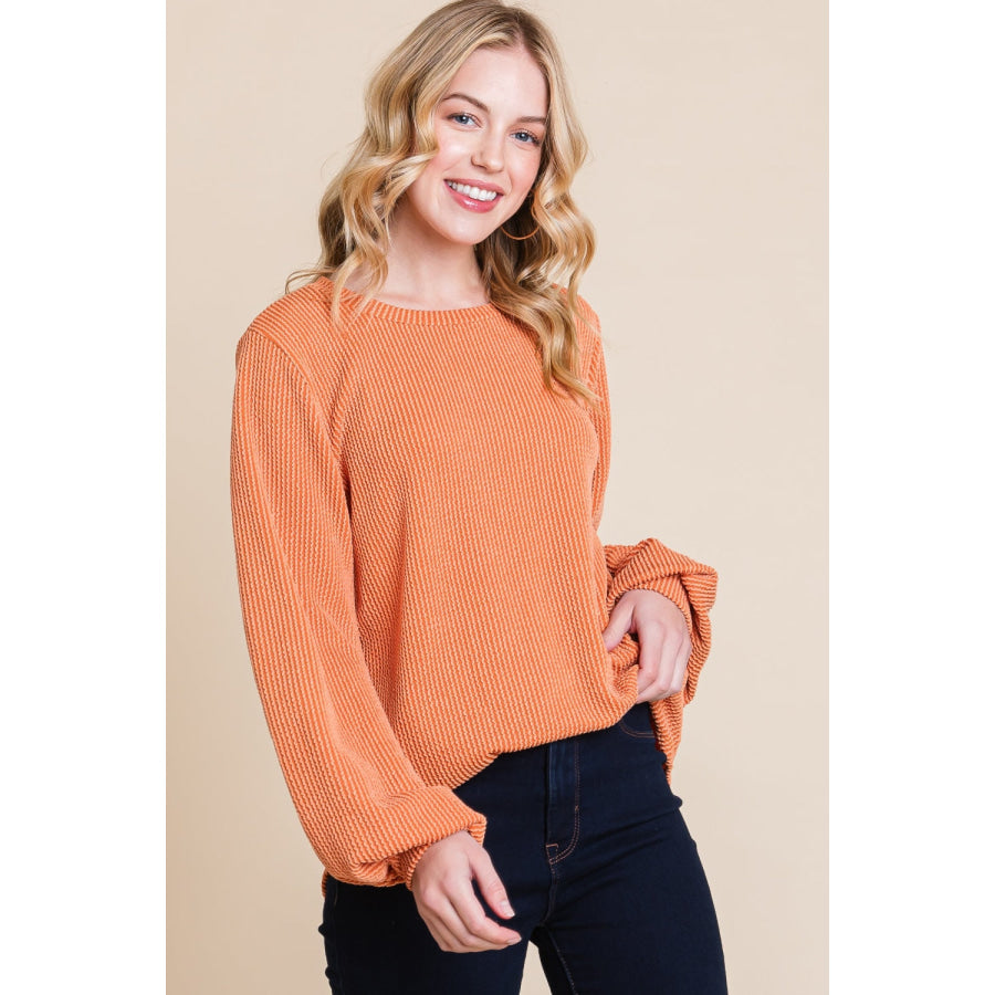 BOMBOM Long Sleeve Curved Hem Ribbed T-Shirt Pumpkin / S Apparel and Accessories