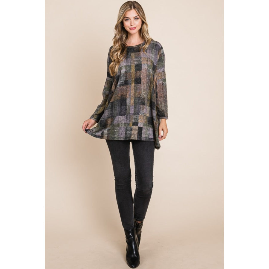 BOMBOM Plaid Round Neck Long Sleeve Top Apparel and Accessories