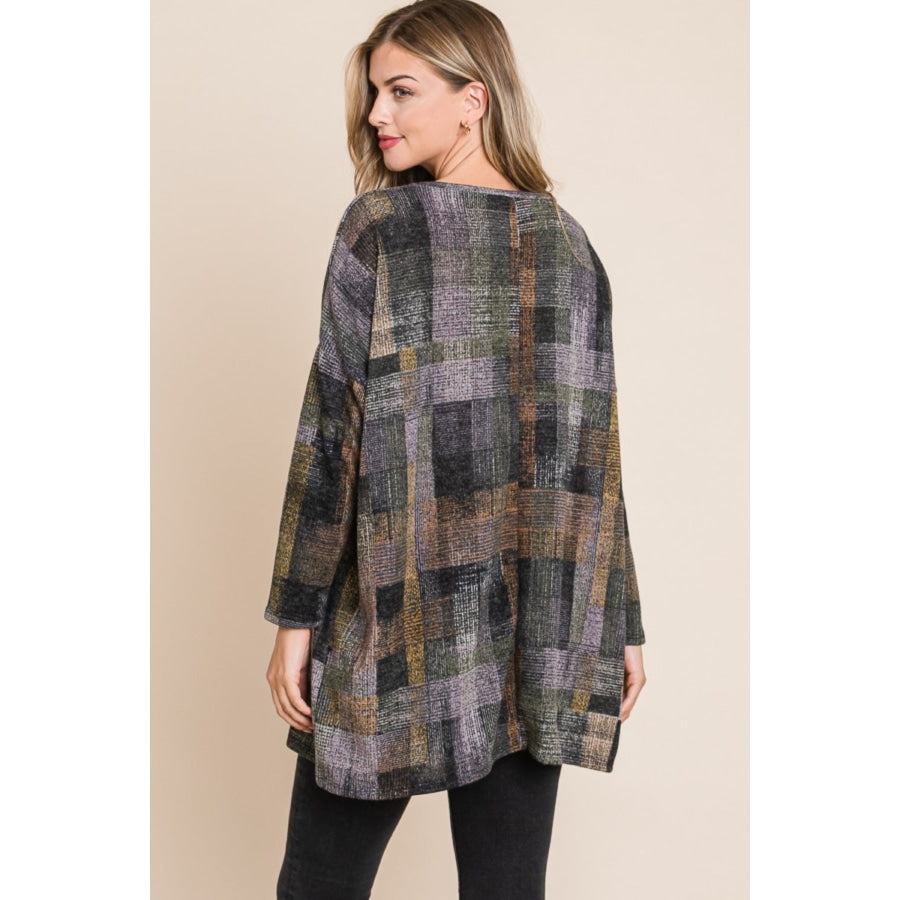 BOMBOM Plaid Round Neck Long Sleeve Top Apparel and Accessories