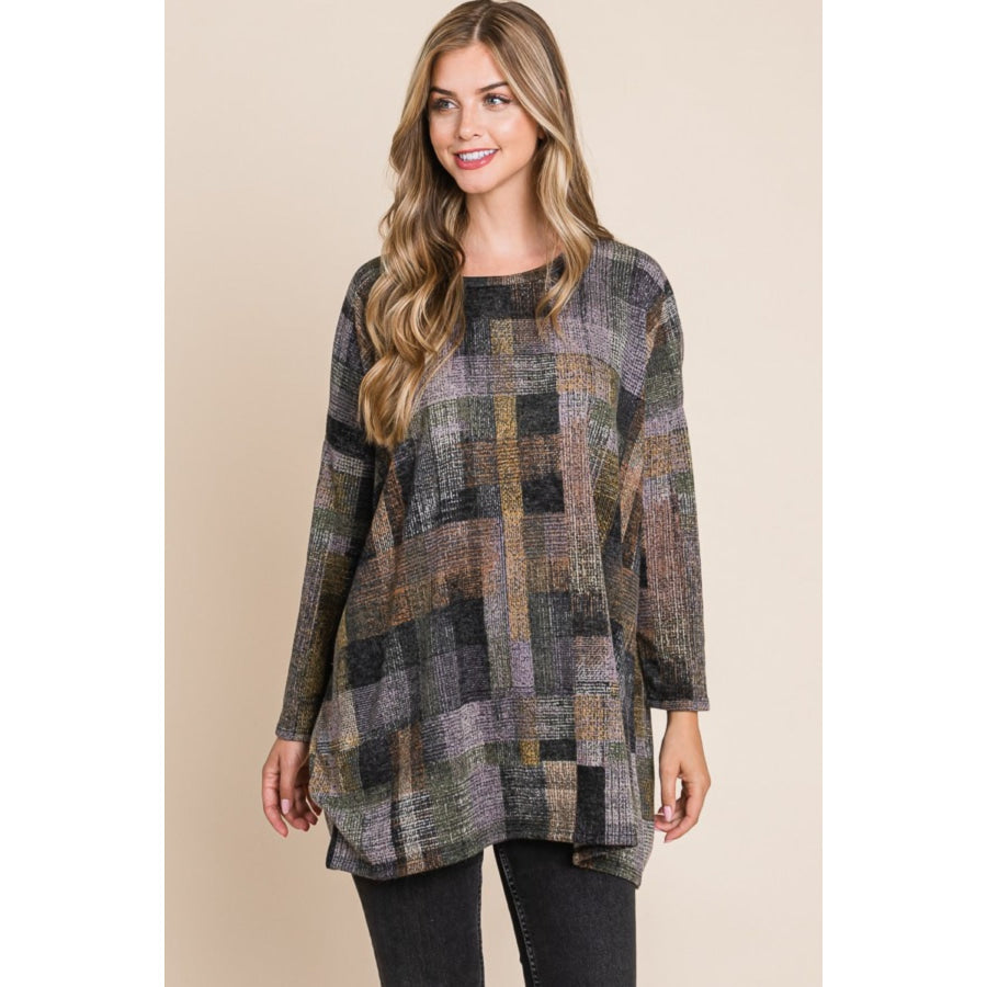 BOMBOM Plaid Round Neck Long Sleeve Top Apparel and Accessories