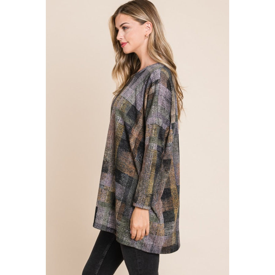 BOMBOM Plaid Round Neck Long Sleeve Top Apparel and Accessories