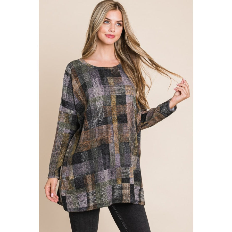 BOMBOM Plaid Round Neck Long Sleeve Top Multi / S Apparel and Accessories