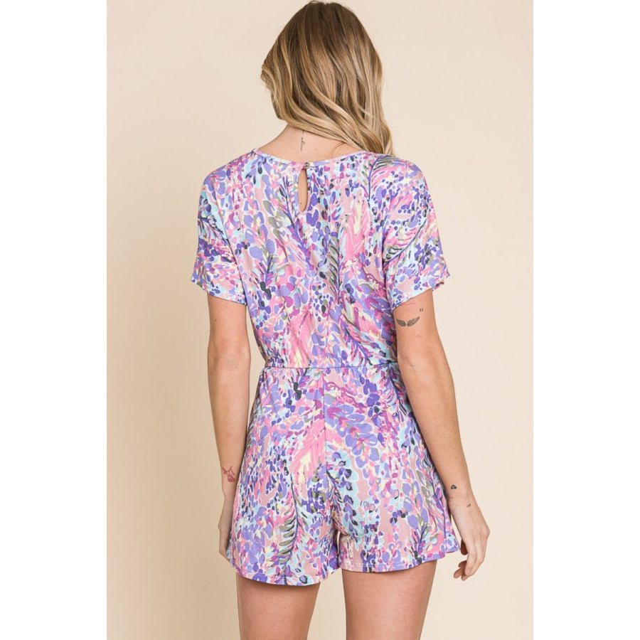 BOMBOM Print Short Sleeve Romper with Pockets Plum / S Apparel and Accessories