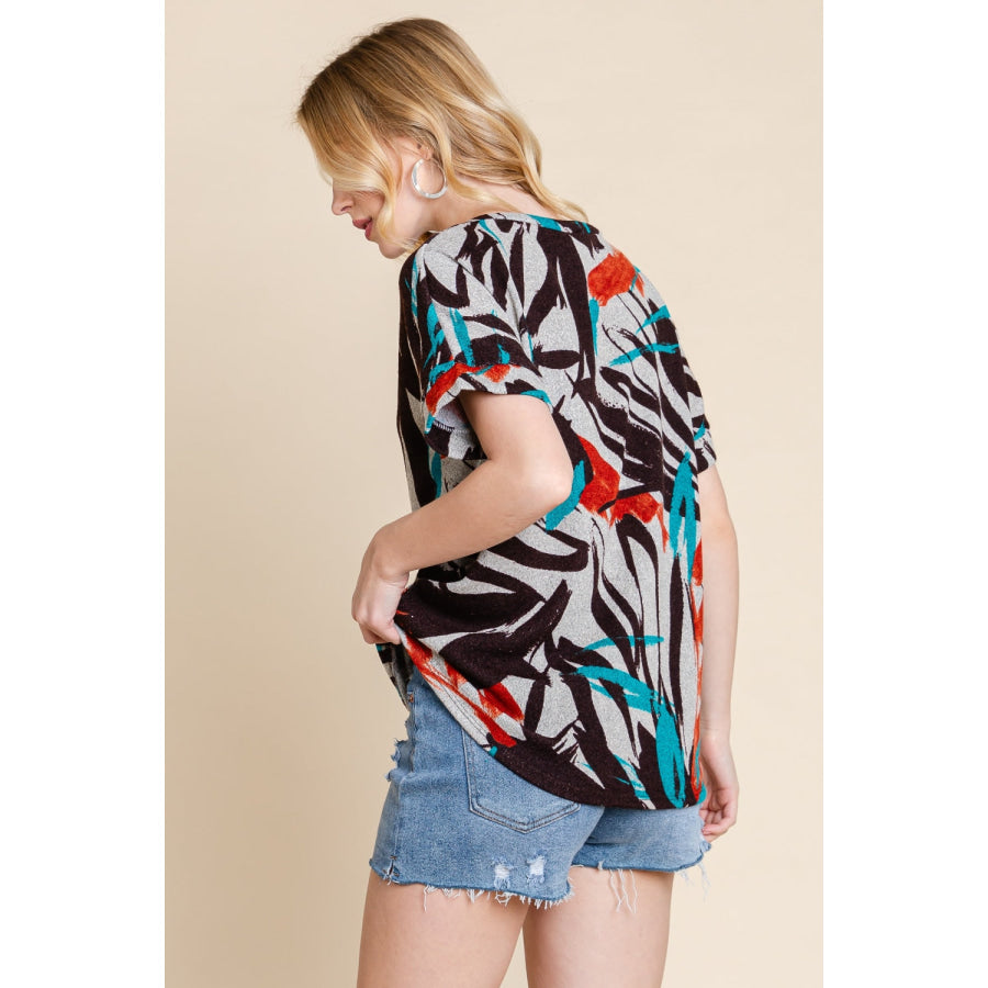 BOMBOM Printed Round Neck Short Sleeve T - Shirt Teal / S Apparel and Accessories