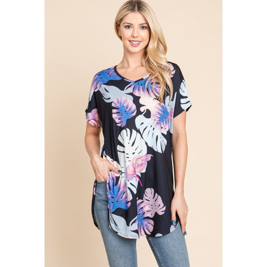 BOMBOM Printed Round Neck Short Sleeve T - Shirt Black / S Apparel and Accessories