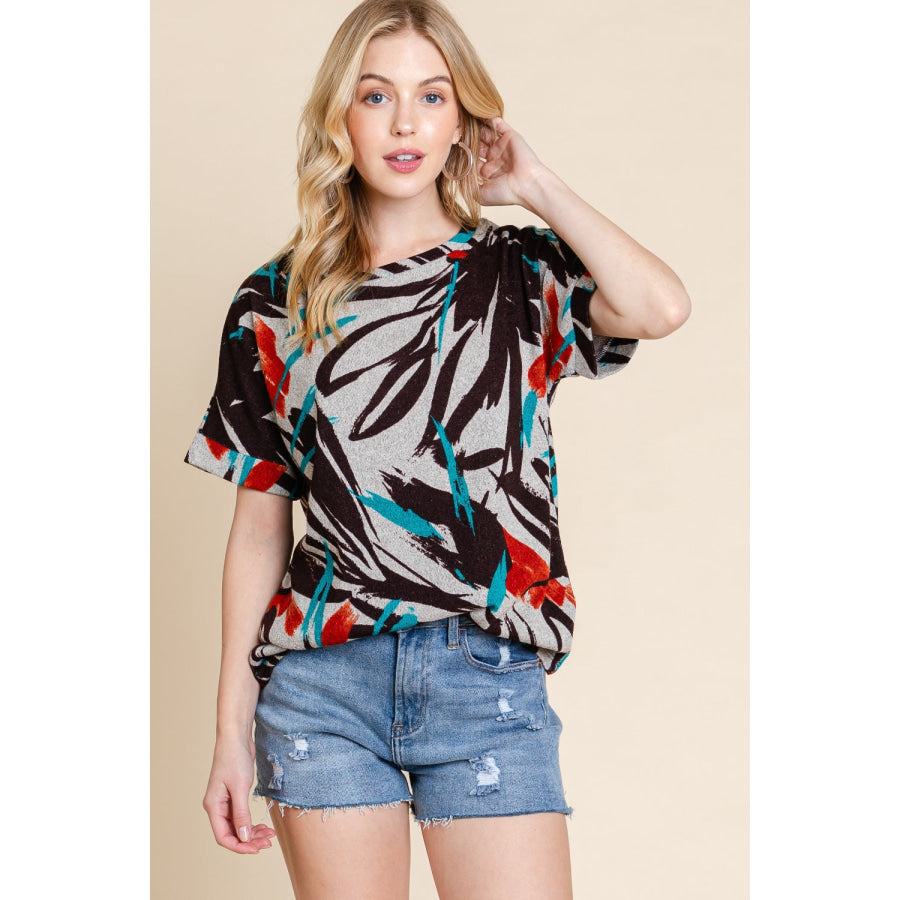 BOMBOM Printed Round Neck Short Sleeve T - Shirt Teal / S Apparel and Accessories