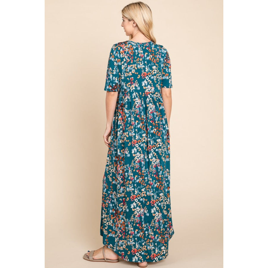 BOMBOM Printed Shirred Maxi Dress Teal / S Apparel and Accessories