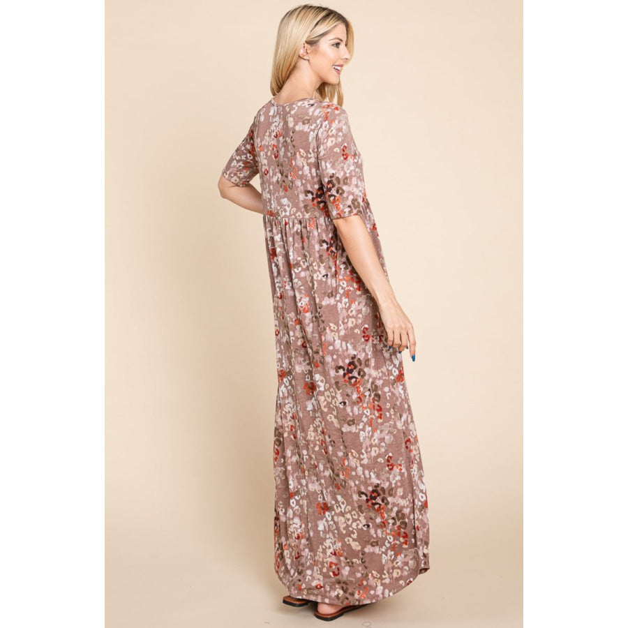 BOMBOM Printed Shirred Maxi Dress Mocha / S Apparel and Accessories