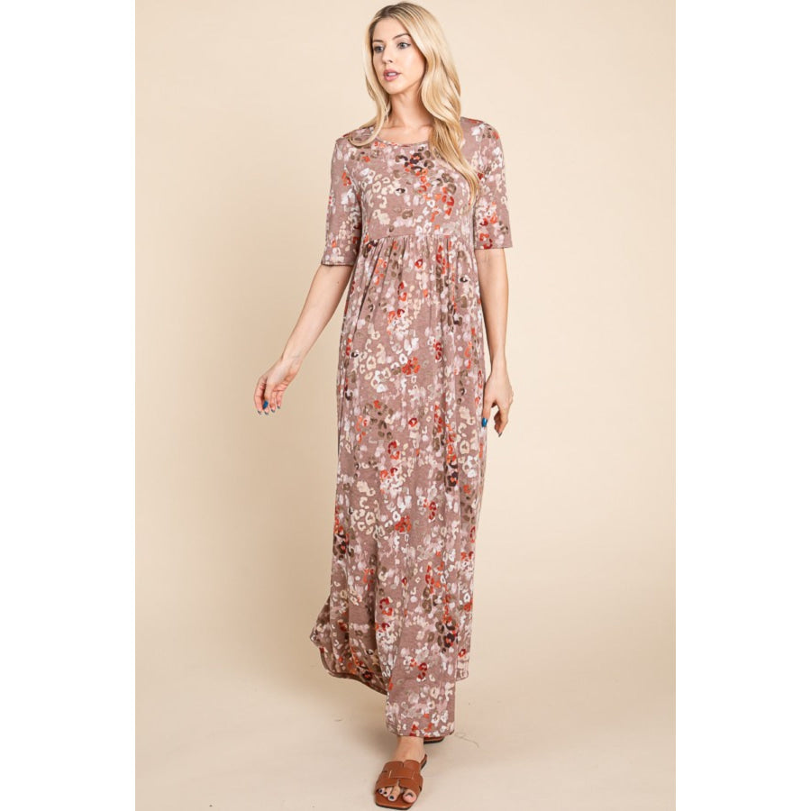 BOMBOM Printed Shirred Maxi Dress Mocha / S Apparel and Accessories