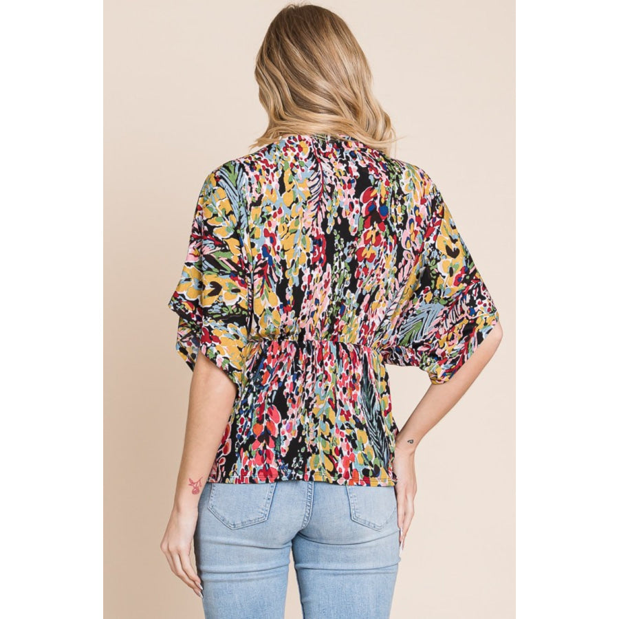BOMBOM Printed Surplice Peplum Blouse Floral / S Apparel and Accessories