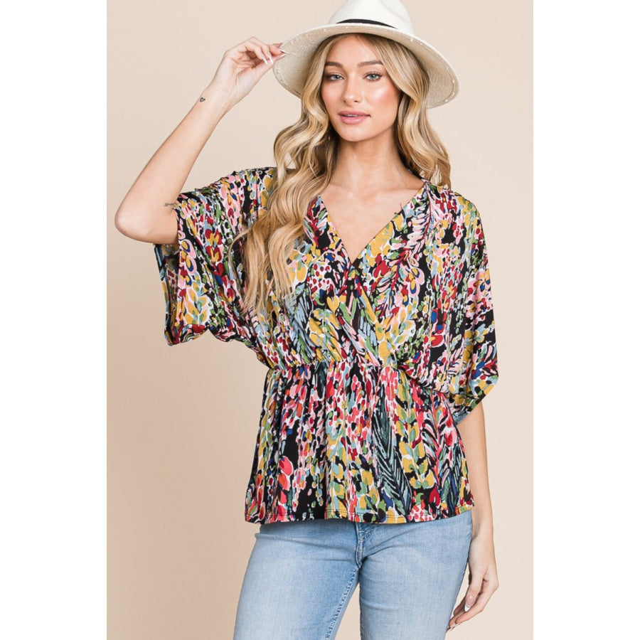 BOMBOM Printed Surplice Peplum Blouse Floral / S Apparel and Accessories