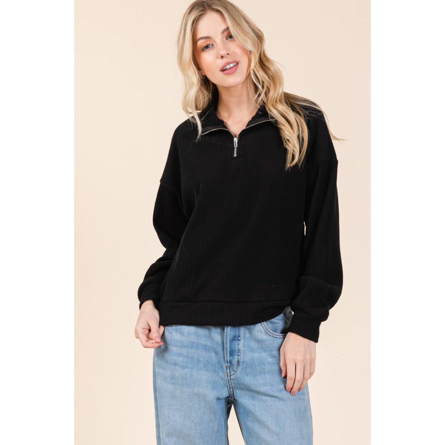 BOMBOM Quarter Zip Long Sleeve Sweatshirt with Pockets Apparel and Accessories