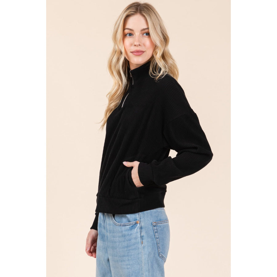 BOMBOM Quarter Zip Long Sleeve Sweatshirt with Pockets Apparel and Accessories