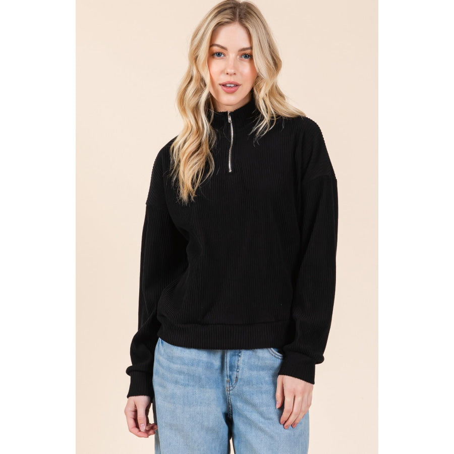 BOMBOM Quarter Zip Long Sleeve Sweatshirt with Pockets Black / S Apparel and Accessories