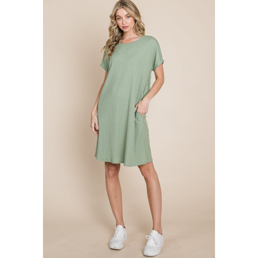 BOMBOM Ribbed Round Neck Short Sleeve Dress Apparel and Accessories