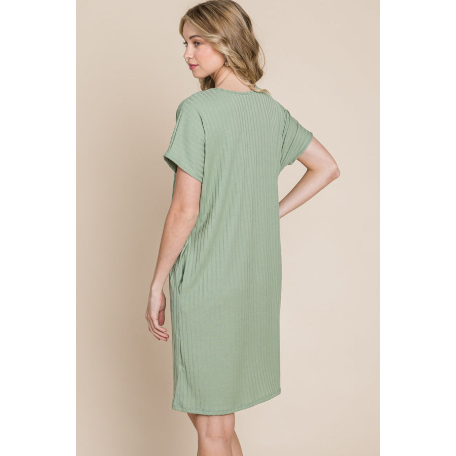 BOMBOM Ribbed Round Neck Short Sleeve Dress Sage / S Apparel and Accessories