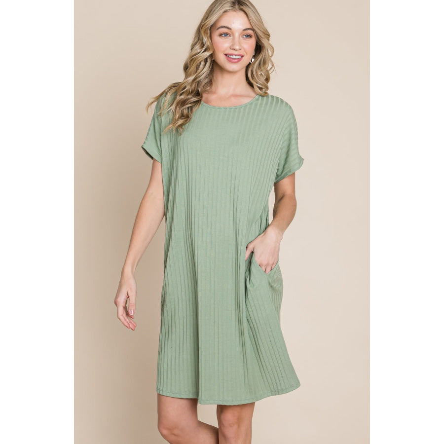 BOMBOM Ribbed Round Neck Short Sleeve Dress Sage / S Apparel and Accessories