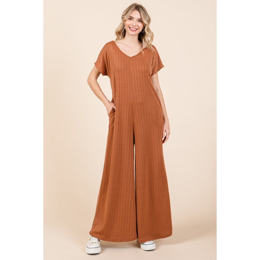 BOMBOM Ribbed Short Sleeve Wide Leg Jumpsuit Apparel and Accessories