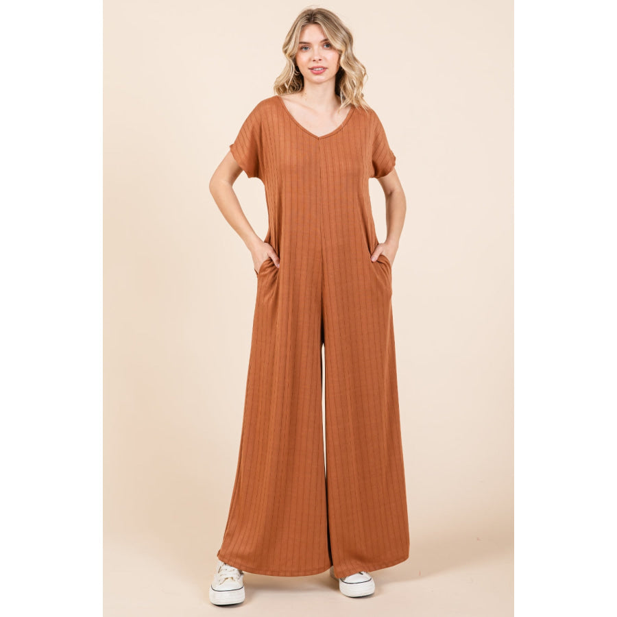 BOMBOM Ribbed Short Sleeve Wide Leg Jumpsuit Camel / S Apparel and Accessories