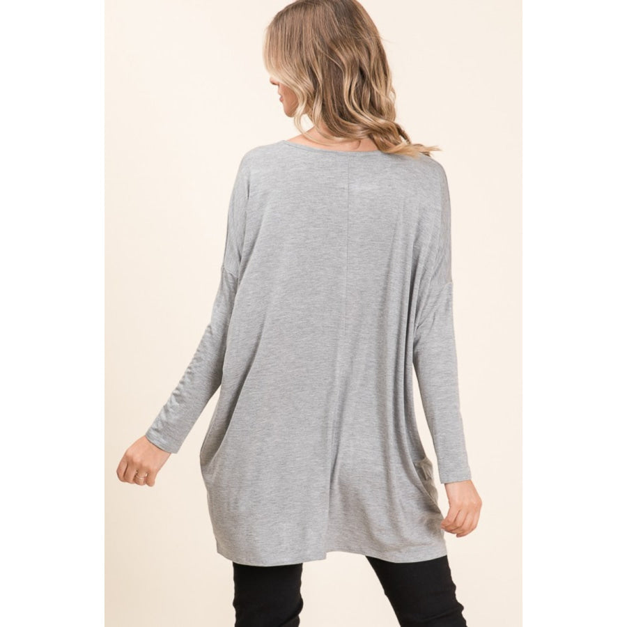 BOMBOM Round Neck Long Sleeve Oversized Top Heather Gray / S Apparel and Accessories