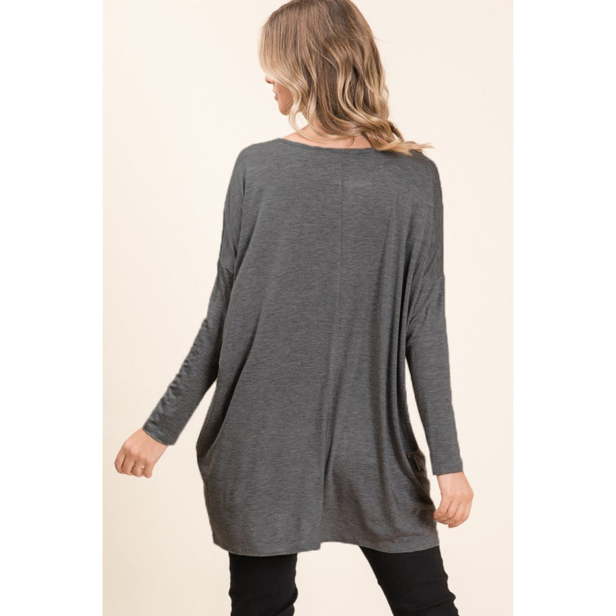 BOMBOM Round Neck Long Sleeve Oversized Top Apparel and Accessories