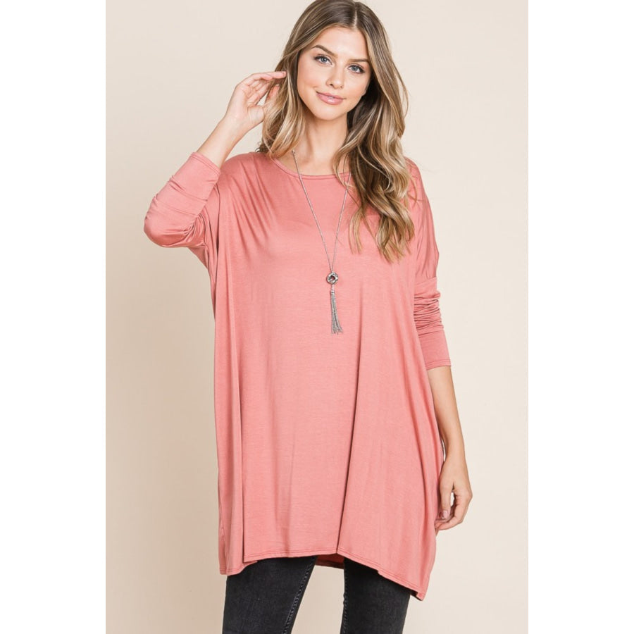 BOMBOM Round Neck Long Sleeve Oversized Top Brick / S Apparel and Accessories