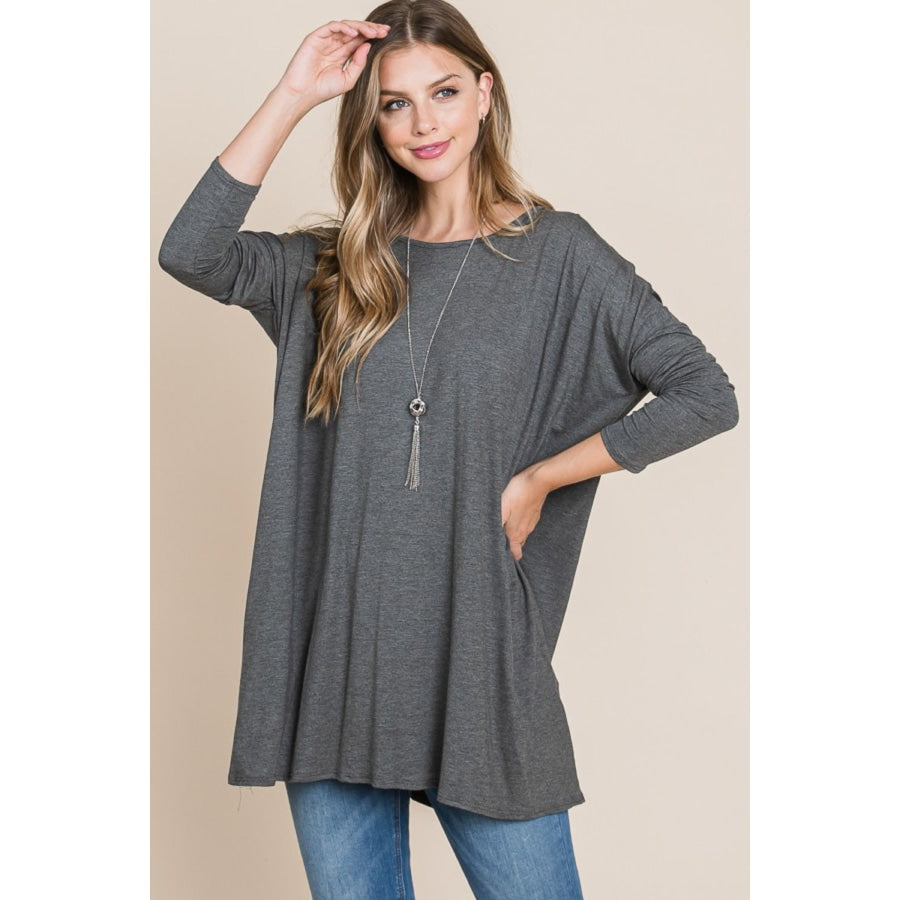 BOMBOM Round Neck Long Sleeve Oversized Top Charcoal / S Apparel and Accessories