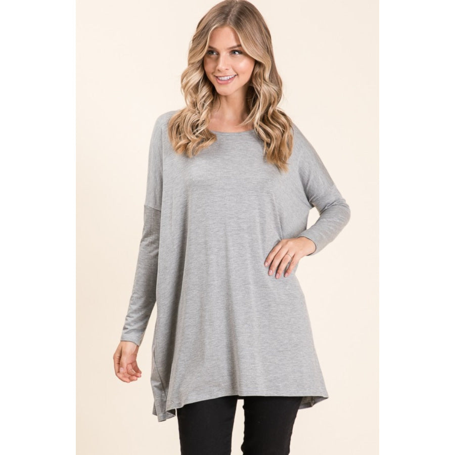 BOMBOM Round Neck Long Sleeve Oversized Top Heather Gray / S Apparel and Accessories