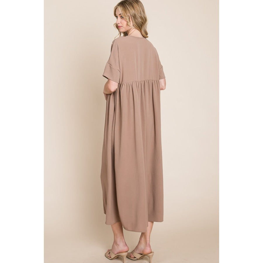 BOMBOM Round Neck Ruched Midi Dress Mocha / S Apparel and Accessories