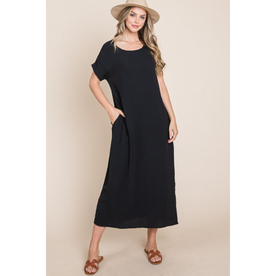 BOMBOM Round Neck Short Sleeve Midi Dress with Pockets Apparel and Accessories