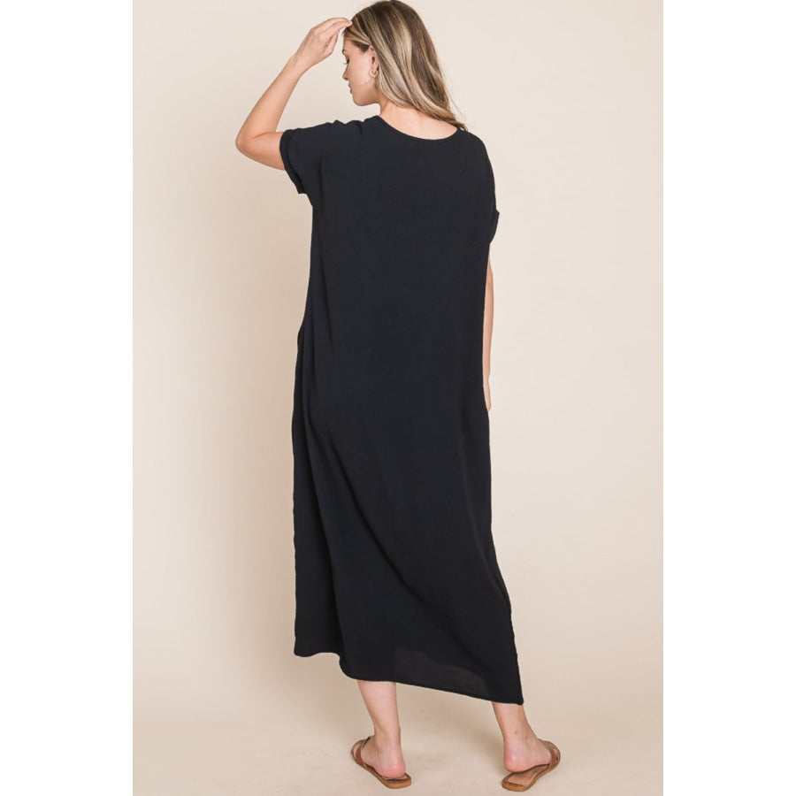 BOMBOM Round Neck Short Sleeve Midi Dress with Pockets Black / S Apparel and Accessories