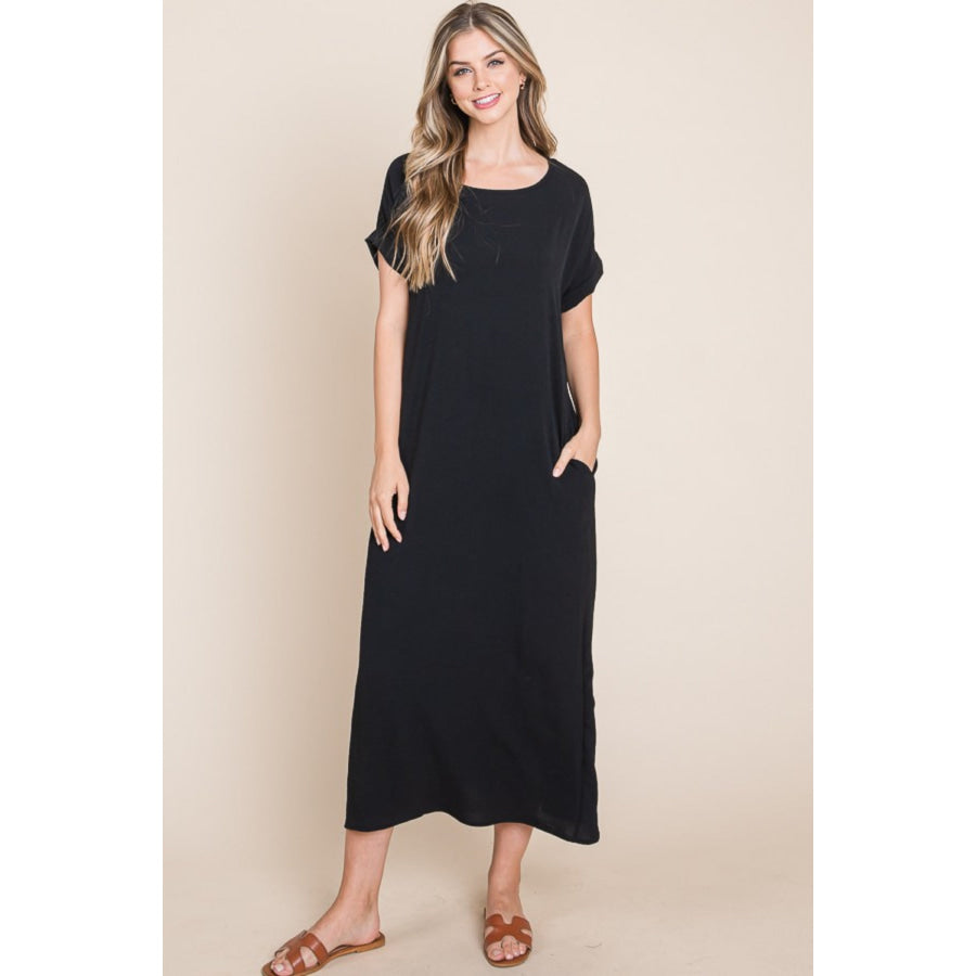 BOMBOM Round Neck Short Sleeve Midi Dress with Pockets Black / S Apparel and Accessories