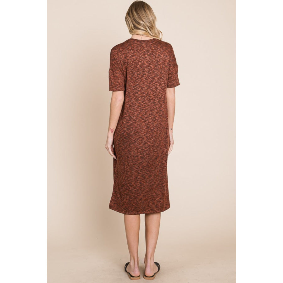 BOMBOM Round Neck Side Slit Midi Dress Rust / S Apparel and Accessories