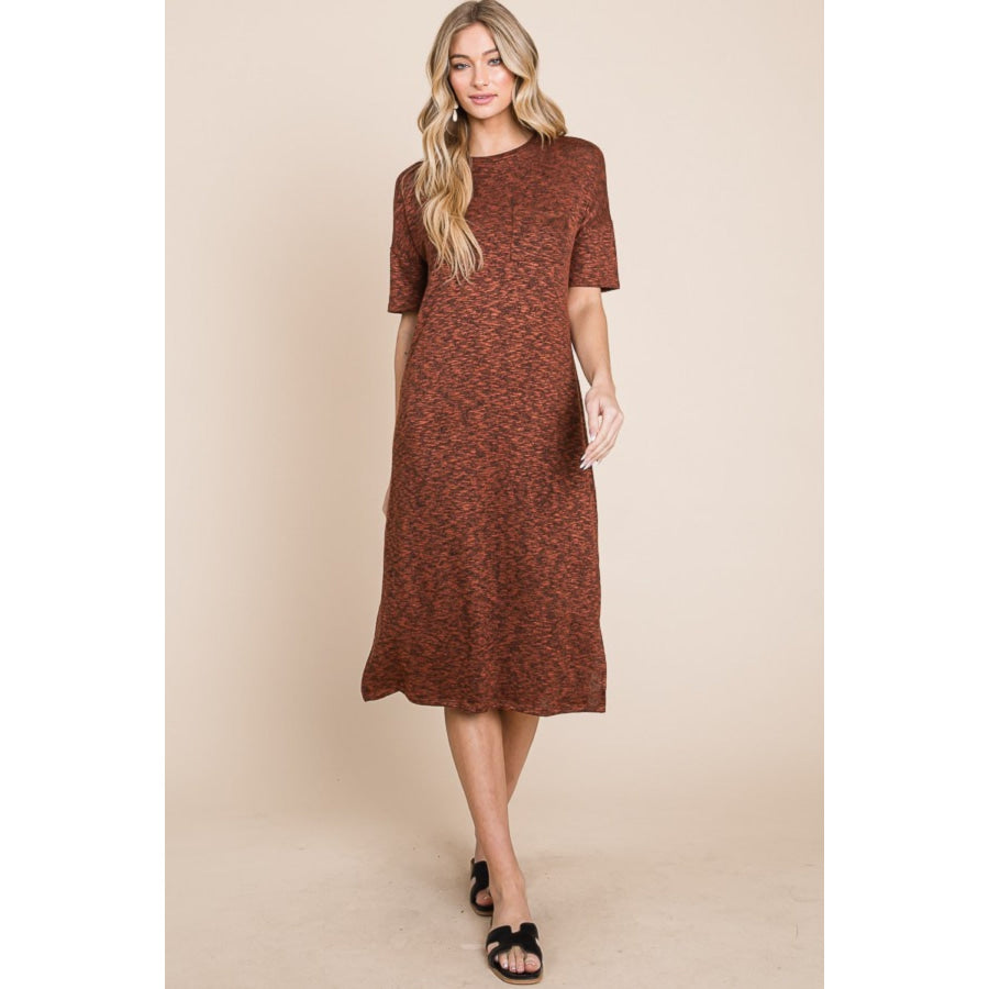 BOMBOM Round Neck Side Slit Midi Dress Rust / S Apparel and Accessories