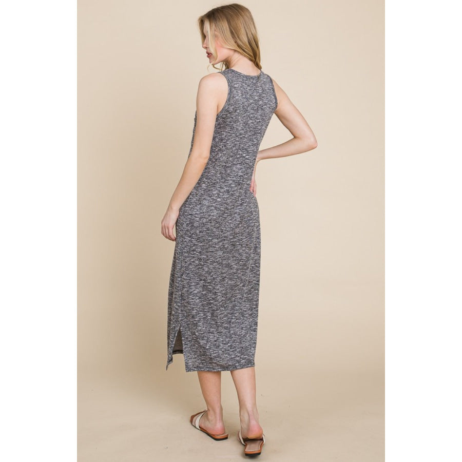 BOMBOM Round Neck Slit Midi Tank Dress Grey / S Apparel and Accessories