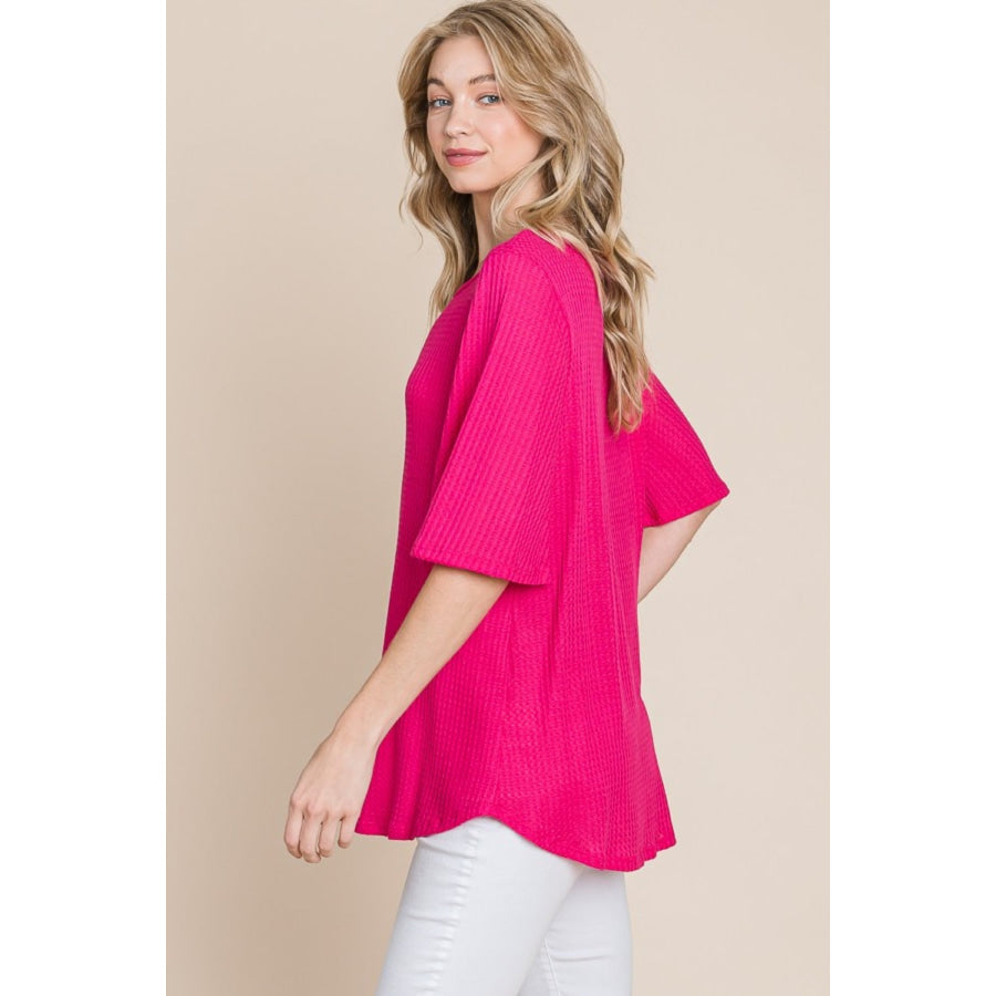 BOMBOM Round Neck Waffle Knit T-Shirt Fuchsia / S Apparel and Accessories